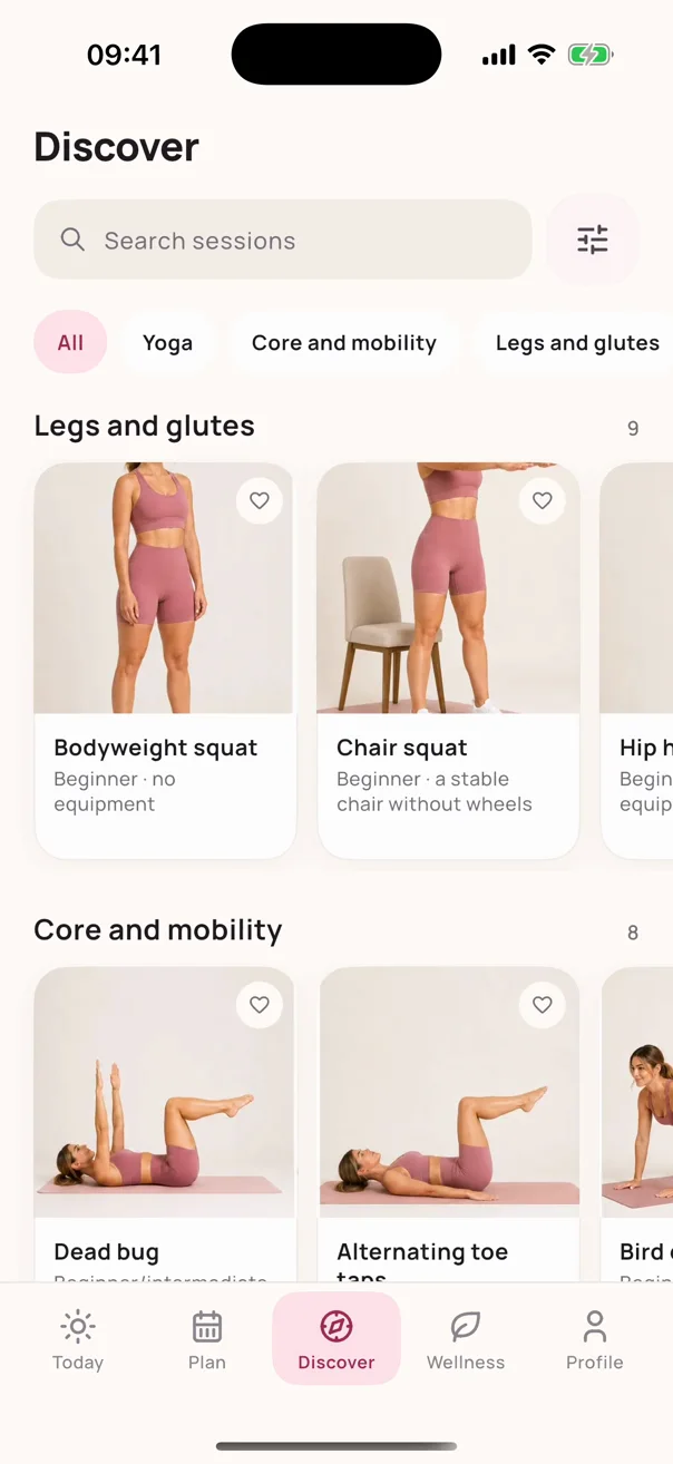 Discover: the exercise library grouped by body area, with search and filters