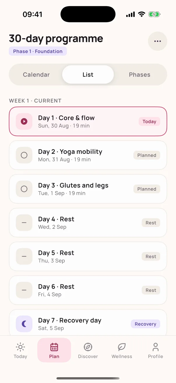 A 30-day programme laid out day by day, with rest and recovery days marked
