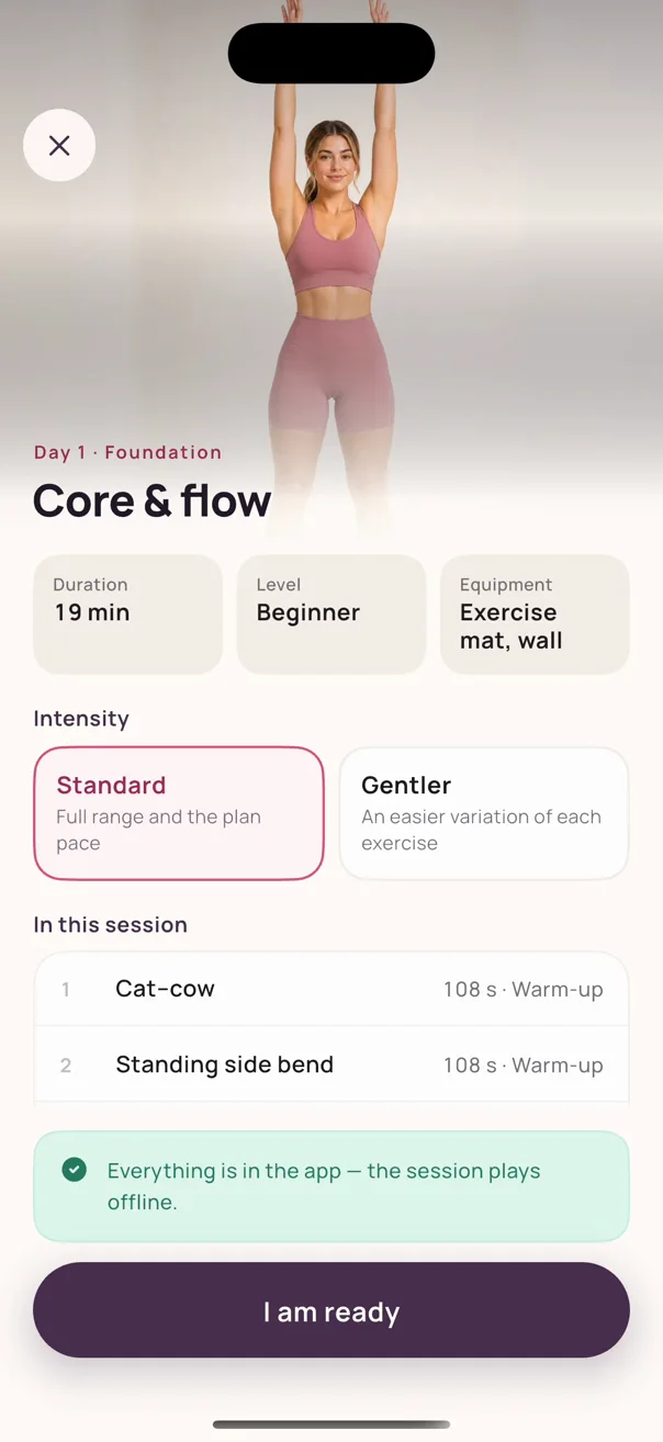 The get-ready screen listing the exercises in the session with a large start control