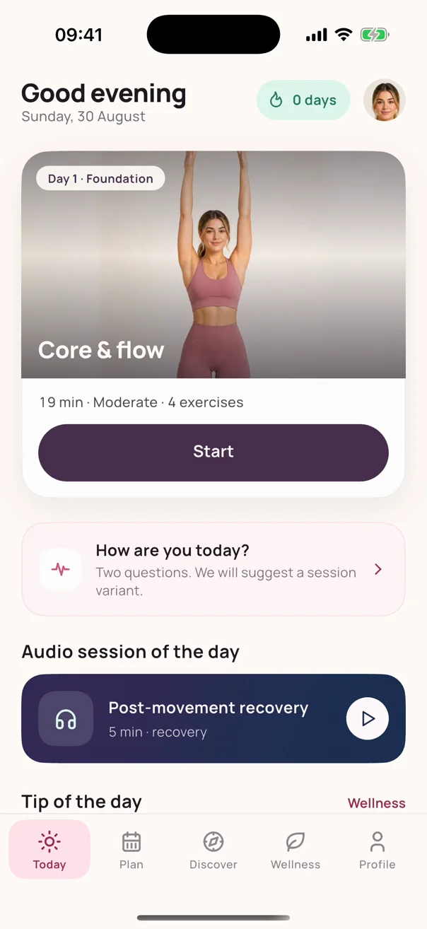 The Today screen: today's session, a check-in, an audio session and a wellbeing tip