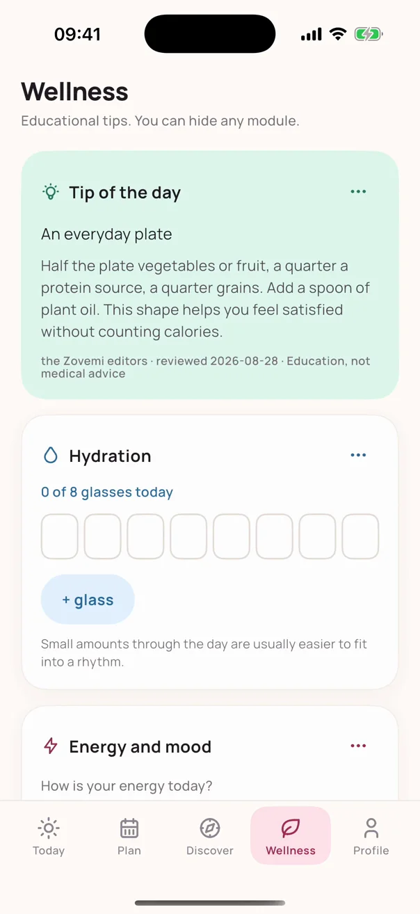 Wellness: hydration, energy and mood, and a daily tip